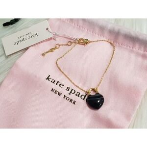 NWT KATE SPADE Rose Quartz BLACK Stone Heart Lock Key Charm Bracelet